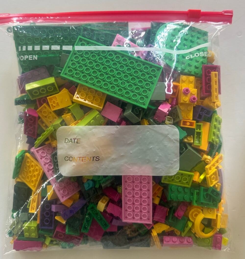 Lot of 1.5lb Pink/Green/Yellow Lego Bricks Various Sizes/Shapes/Parts AS IS